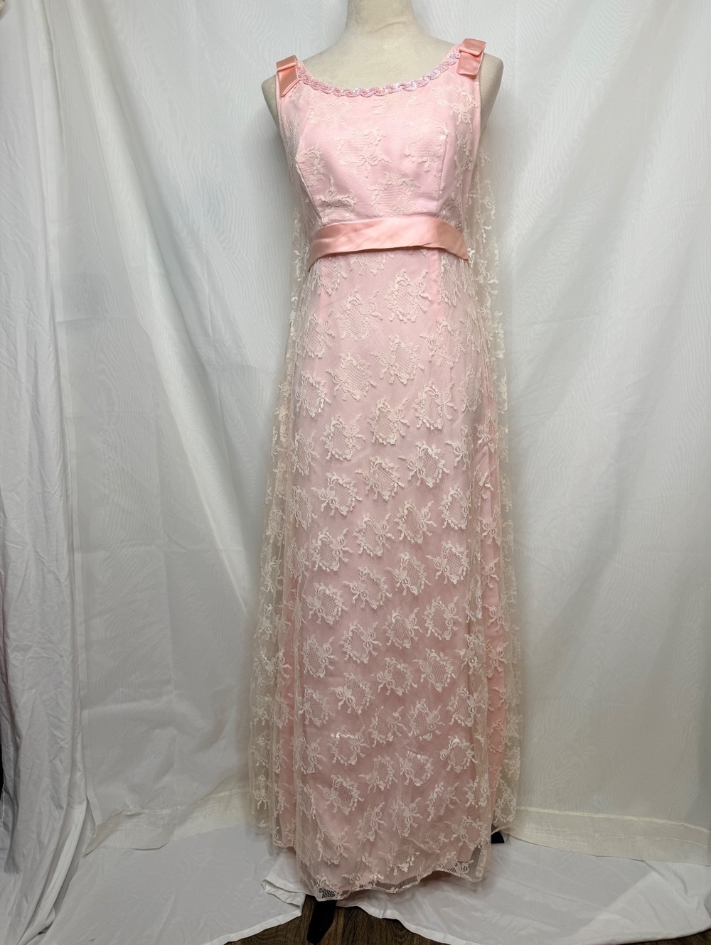 1960s Pink Ivory Lace Watteau Back Evening Gown Vintage Handmade